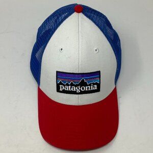 Patagonia P-6 Logo snap-back trucker cap hat one size red white blue colorblock